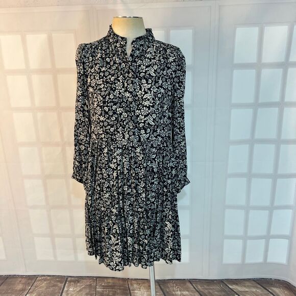 J. Crew Black White Floral Accordian Long Sleeve Half Button Shirt Dress Small - Picture 2 of 13